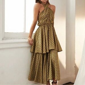 Mon Renn Roselyn Midi Dress Olive Black Polka Dots Size Small NWT